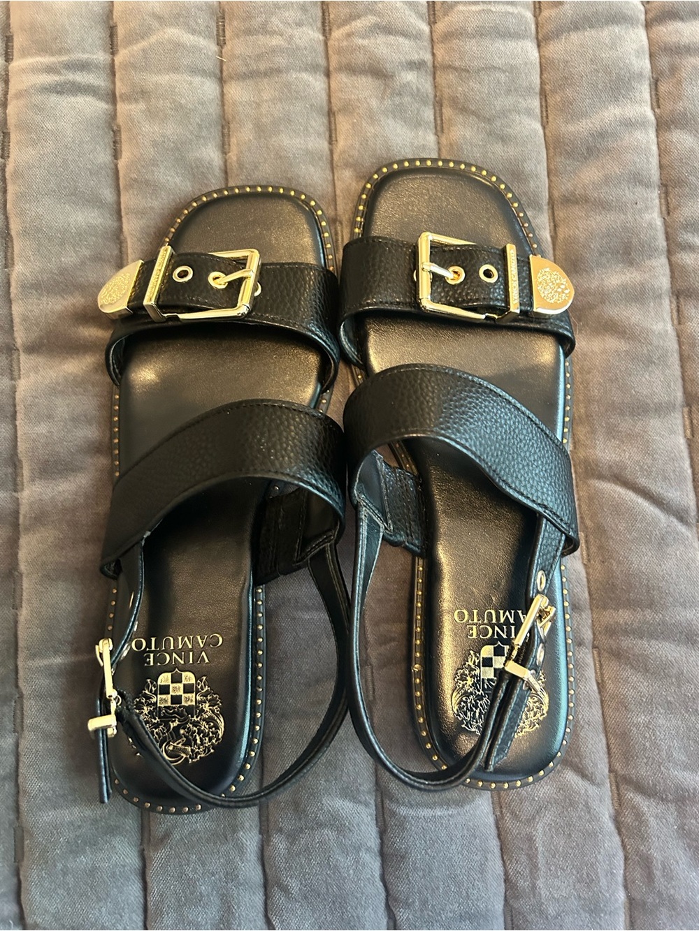 Vince Camuto Black Leather Buckle & Gold Accent Sandals - Picture 3 of 4